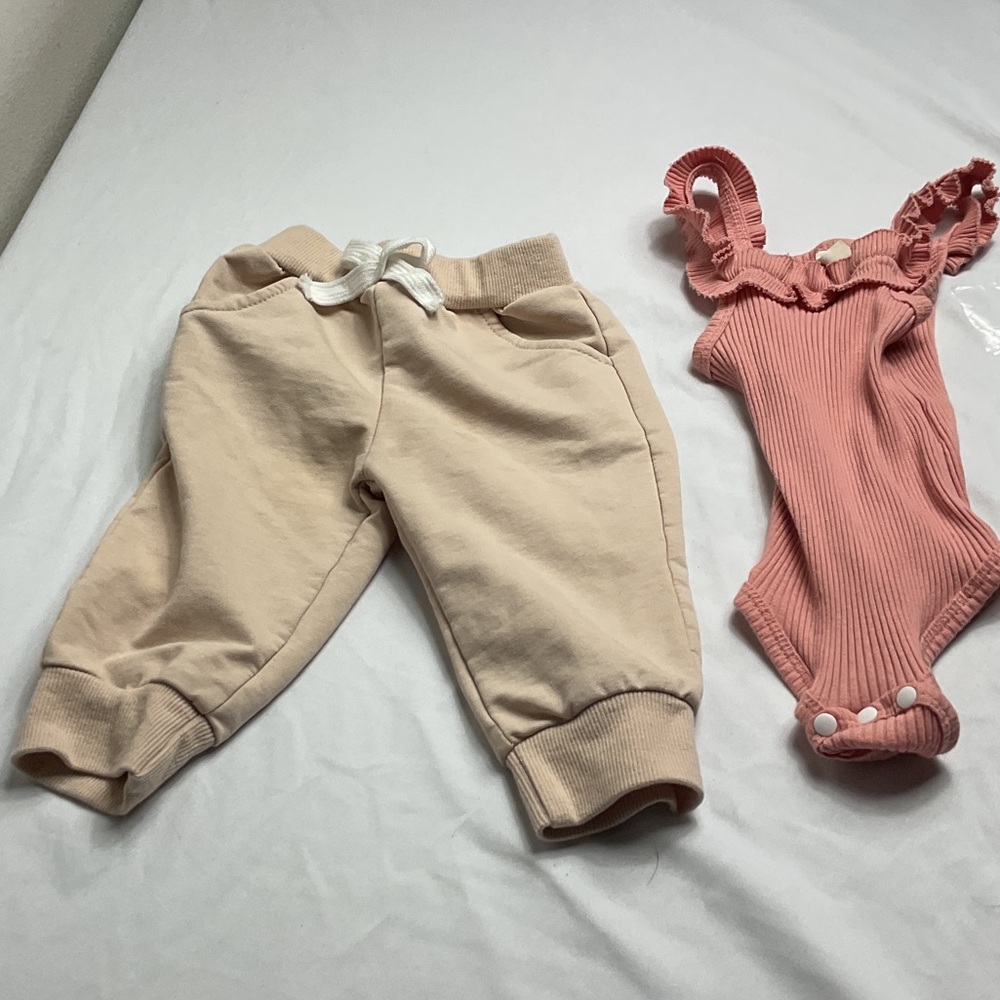 Pink Ruffled Onesie and Cream Joggers Set